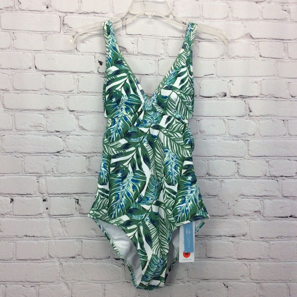 Cupshe One Piece Swimsuit Women's Size M Tropical Green/Blue Palm Leaf Print NWT